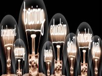 A group of light bulbs with their filaments spelling out: development, learning, training, growth, education, skill, knowledge and goal